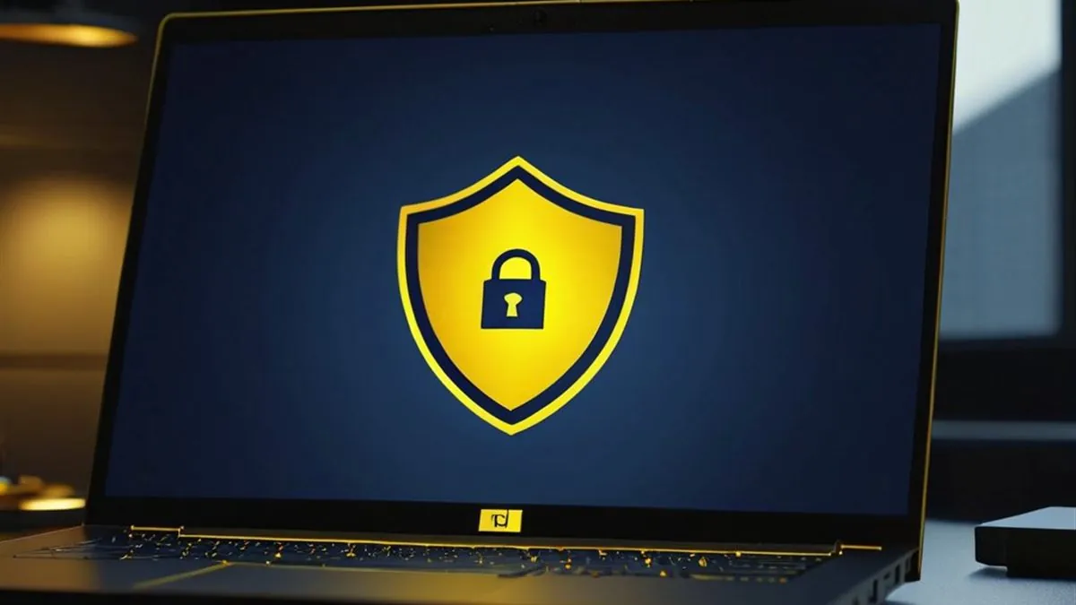 Laptop con un escudo amarillo y un candado en la pantalla azul oscura
