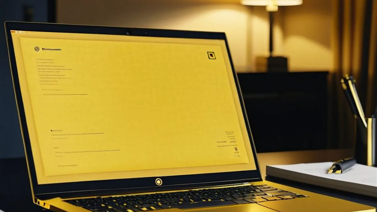 Laptop con un documento amarillo en pantalla sobre un escritorio iluminado por una lámpara