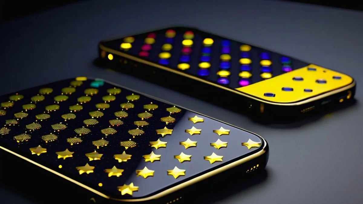 Dos celulares sobre una mesa oscura con cuadrículas de estrellas doradas y luces de colores