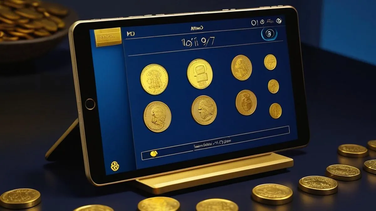 Tablet con monedas doradas en pantalla azul y monedas sobre el escritorio